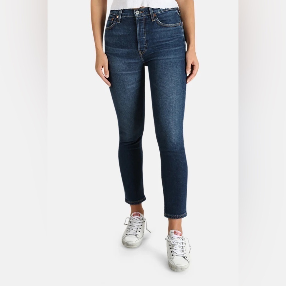 Re/Done Comfort Stretch High Rise Crop Jeans in Midnight Blue